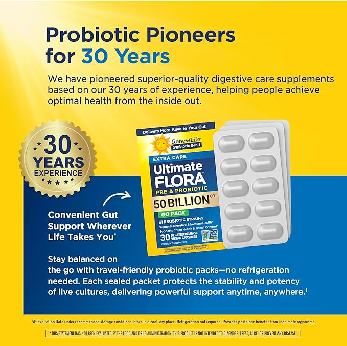 Renew Life Extra Care Go-Pack Probiotic Capsules Daily Supplement Supports Immune Digestive and Respiratory Health L. Rhamnosus GG Dairy Soy and gluten-free 50 Billion CFU 30 Ct