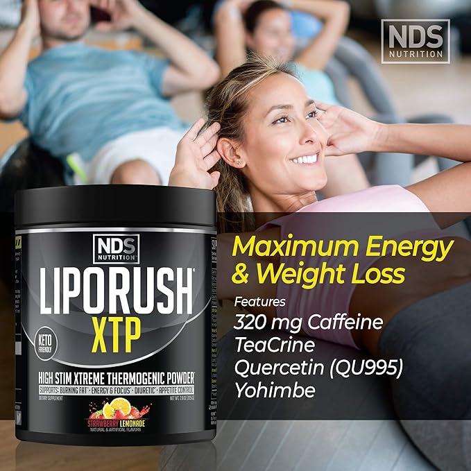 LIPORUSH NDS Nutrition XTP Thermogenic Fat Burner with L-Carnitine - Energy Focus and Appetite Control - Extreme Thermogenic Fat Burning Powder Weight Loss - Strawberry Lemonade (45 Servings)