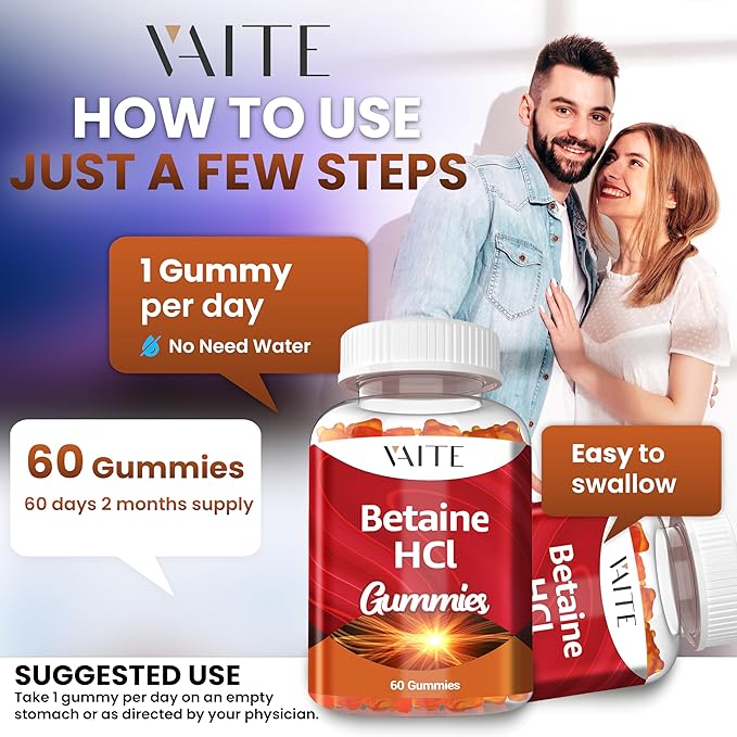 VAITE Betaine HCL Supplement 1000 mg Gummies – Digestive Support – Supports Digestion &amp Nutrient Breakdown – Non-GMO Vegan Gluten-Free – for Adults Seeking Daily Digestive Support – 60 Gummies