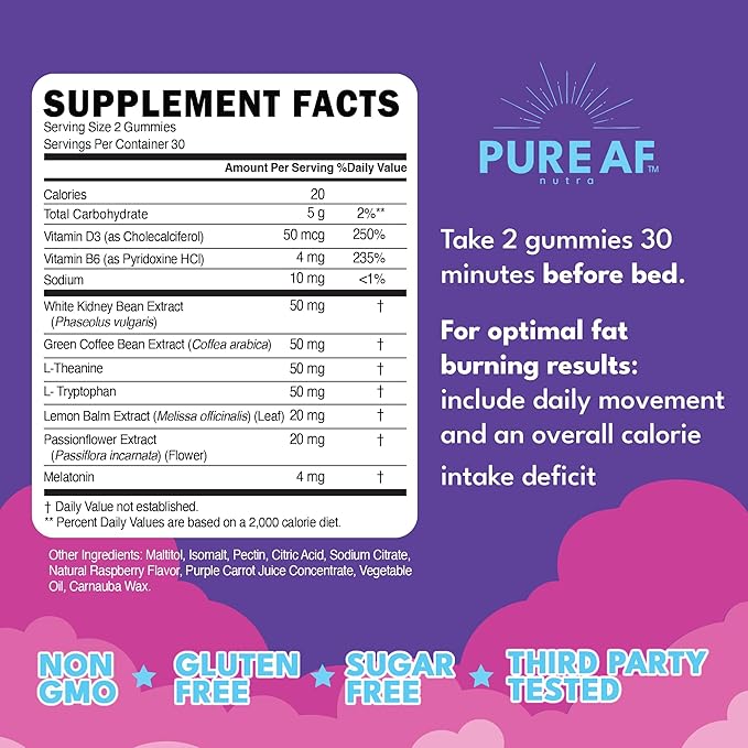 Night Time Fat Burner Gummies Sleep Supplement &amp Weight Loss | Skinny Vitamin | Appetite Suppressant &amp Metabolism Booster | Nighttime Diet Gummies for Women &amp Men