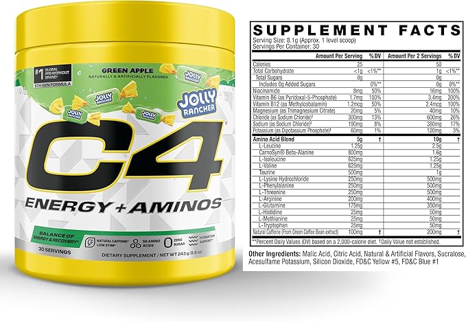 C4 Energy + Aminos Powder Jolly Rancher Green Apple 5g BCAAs &amp EAAs for Muscle Recovery 3 Electrolytes for Hydration 100mg Natural Caffeine Pre Workout Zero Sugar 30 Servings