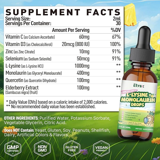 L-lysine Monolaurin Liquid Drops &amp Saffron Extract Liquid Drops for Kids and Adults Immune Support Lip &amp Skin Health Stress &amp Focus &amp Energy Support