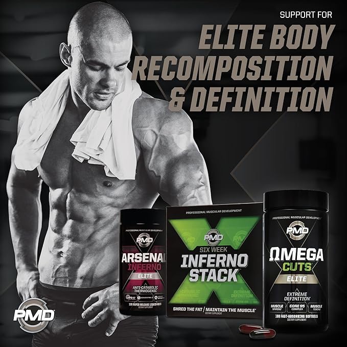 PMD Sports Six Week Inferno Stack - Maximum Strength Fat Burner and CLA Omega Fatty Acid to Lose Fat Fast and Increase Muscle Tone - Arsenal X Inferno/120 Liquid Gels Omega Cuts Elite/180 Softgels