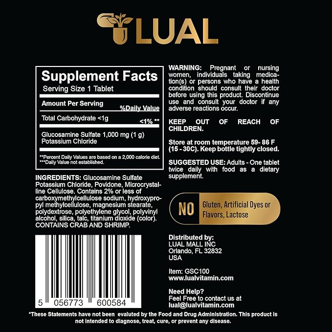LUAL Glucosamine Sulfate Potassium Chloride Tablets Dietary Supplement for Inflammation Glucosamina para las Articulaciones Glucosamine Sulfate 1000 mg 200 Count