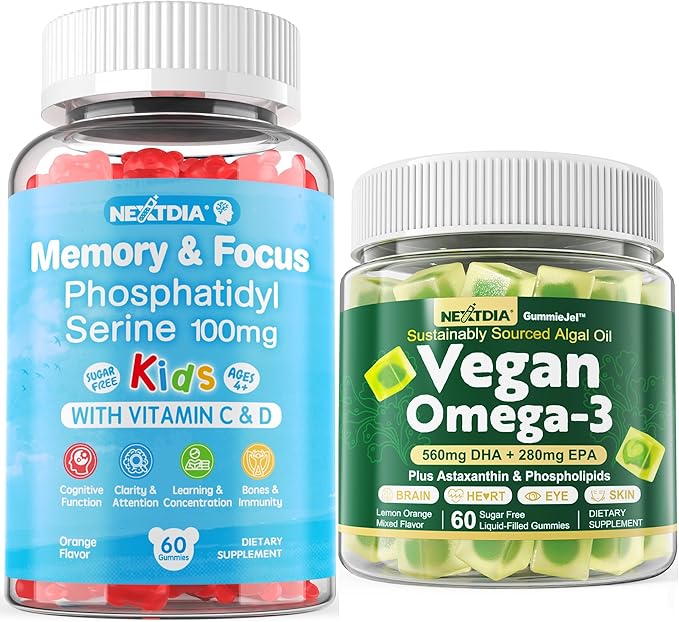 Vegan Omega 3 Gummies 1 Pack + Sugar Free Phosphatidylserine Gummies for Kids 2 Pack