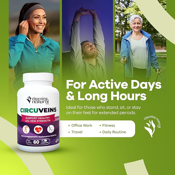 CircuVeins Circulation Support Supplement for Legs and Veins with Horse Chestnut Gotu Kola Butcher’s Broom and Grape Seed for Healthy Blood Flow and Leg Comfort – 60 Capsules