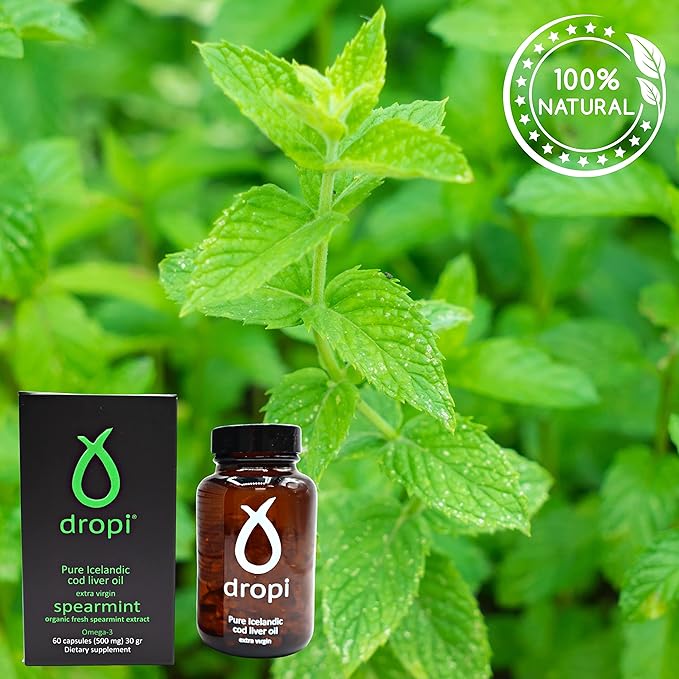 Dropi Pure Icelandic Cod Liver Oil Capsules - Extra Virgin - Organic Fresh Spearmint Extract - Cod Liver Oil Softgels Naturally Rich in Super Omega 3 Fatty Acids Vitamin A Vitamin D - 60 Ct (500mg)