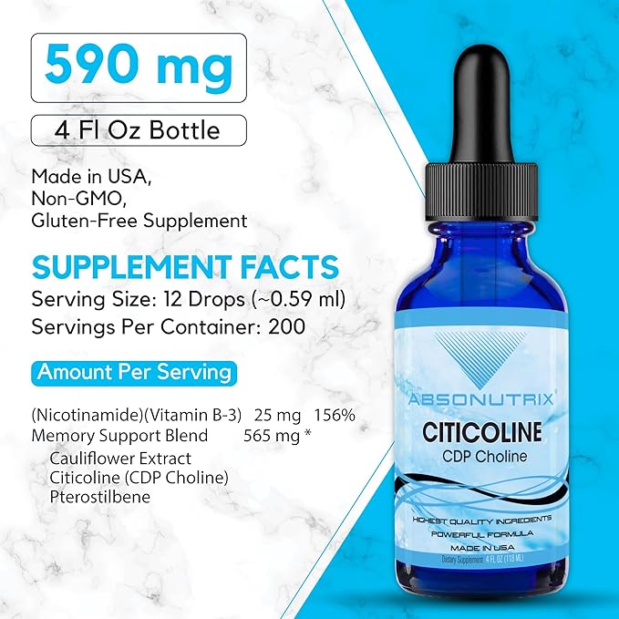 Absonutrix Citicoline 590 mg 4 Oz Bottle 200 Servings Made in USA Quick Absorption Quality Potent Ingredients Non-GMO GMP Certified Cruelty-Free Products