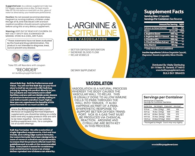 NOX Blend - 1000 Capsules of L-Arginine &amp L-Citrulline in a Clear Square Grip Jar