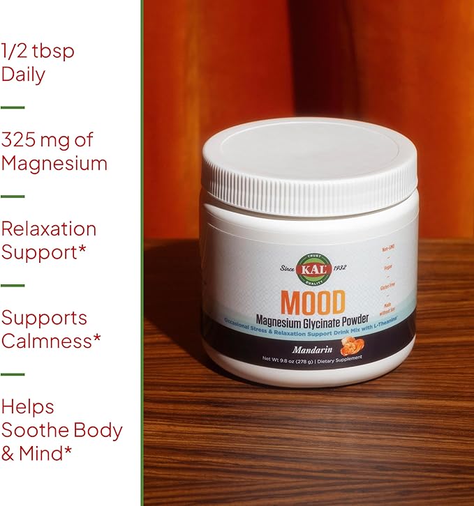 KAL Mood Magnesium Powder with L-Theanine - Mandarin Flavor Magnesium Supplement - Relaxation Support High Absorption No Added Sugar Vegan Gluten Free Made Without Soy - 40 Servings 9.8 oz