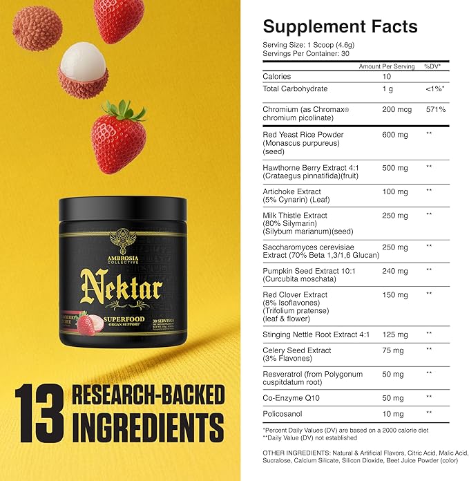 Ambrosia Superfood Organ &amp Cycle Support Powder | Liver &amp Kidney Support with Milk Thistle Red Yeast Rice &amp CoQ10 | 13 Superfood Ingredients | 30 Servings | Strawberry Lychee