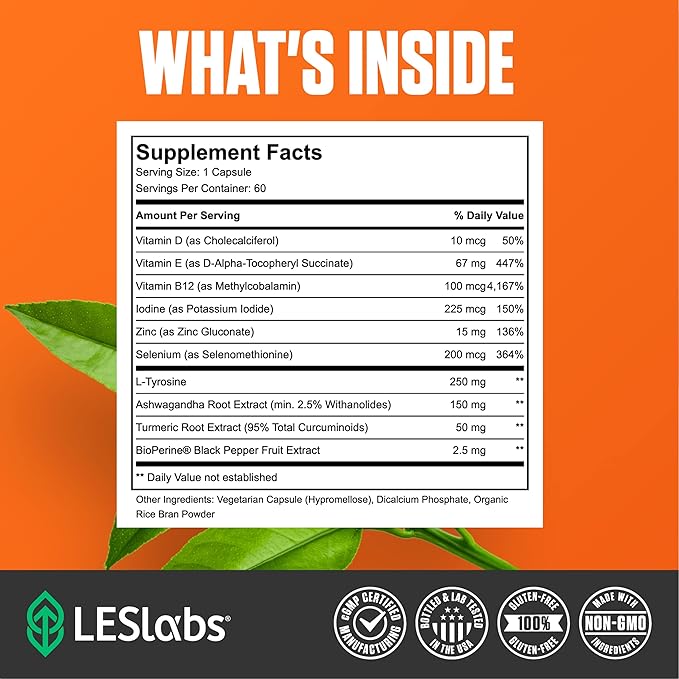 LES Labs Thyroid Support – Metabolic Health Thyroid Hormone Production Energy &amp Focus – Iodine L-Tyrosine Ashwagandha Selenium &amp Turmeric – Non-GMO Supplement – 60 Capsules
