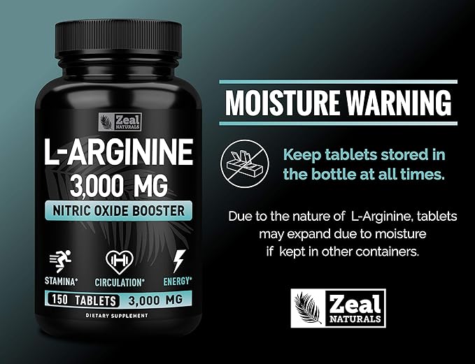 Zeal Naturals L-Arginine Supplement - 3000mg 150 Tablets | Nitric Oxide Booster | L Arginine Supplement for Men &amp Women | Support Energy Circulation Muscle Growth