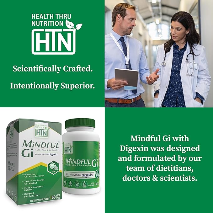 Health Thru Nutrition Mindful GI - Healthy Mind &amp Gut Complex | with Digexin Magnesium L-Glutamine and Probiotic for Gut-Brain Axis Support | Regularity Bloating Calmness Supplement