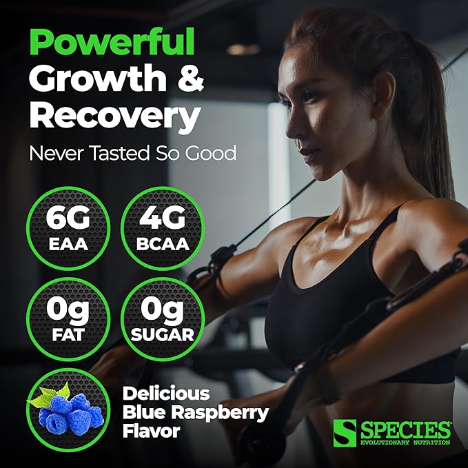 Species Nutrition Amino Evolved EAA &amp BCAA Powder Fermented Branched Chain Amino Acids Muscle Recovery &amp Endurance Pre &amp Post Workout Supplement (Blue Raspberry 30 Servings)