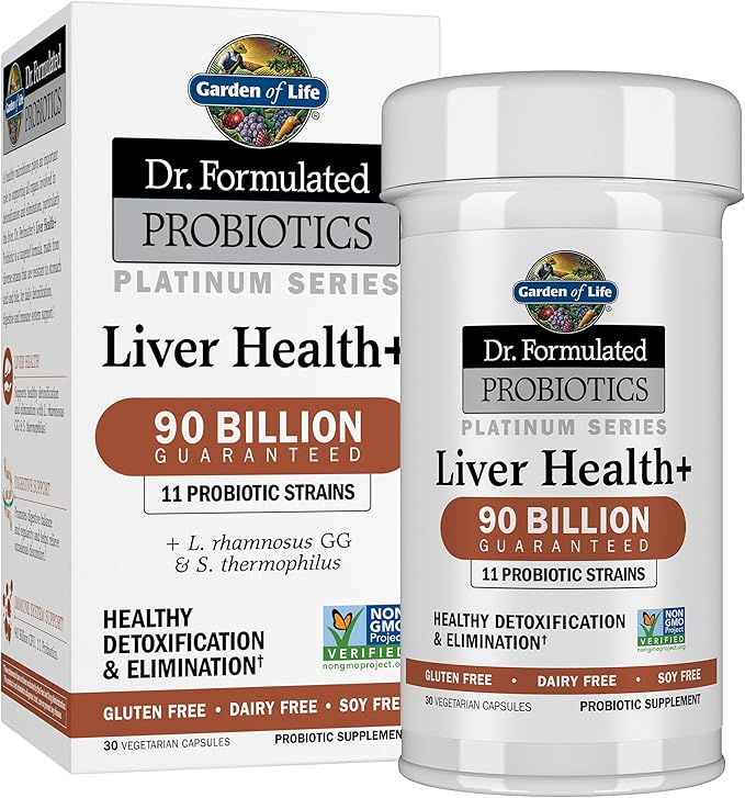 Garden of Life Dr. Formulated Probiotics Platinum Series Liver Health+ 90 Billion CFU Guaranteed One a Day Probiotic for Healthy Detoxification &amp Elimination Support Vegan Gluten Free 30 Capsu