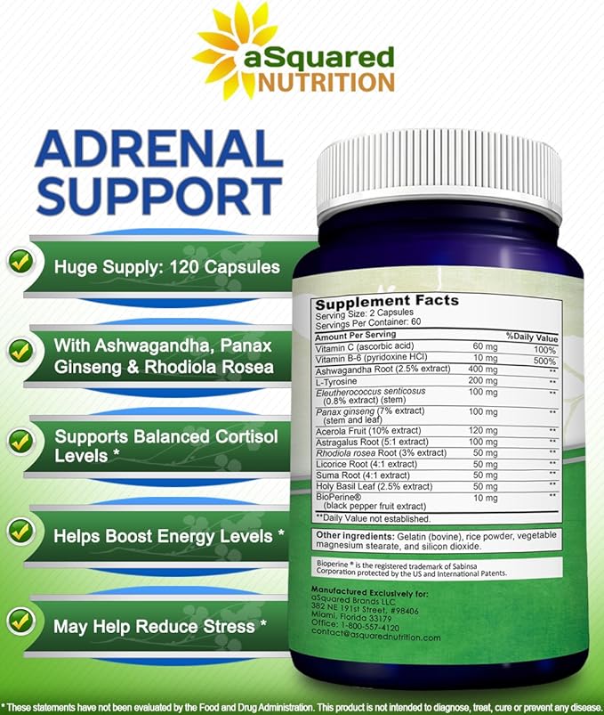 aSquared Nutrition Adrenal Support &amp Cortisol Manager Supplement (120 Capsules)-Adrenal Health w/Vitamin C Complex Pills to Support Fatigue &amp Stress Relief-Ashwagandha L-Tyrosine Rhodiola &a