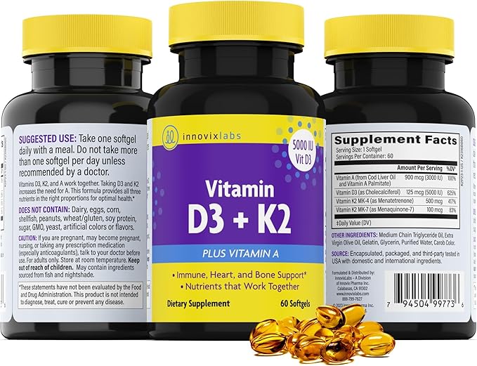 InnovixLabs Vitamin D3 K2-5000 IU Vitamin D3 Plus 600 mcg Vitamin K2 MK4 and MK7 for Max Calcium Absorption Supports Bone Immune Heart Health 3rd Party Tested Gluten Free 60 Softgels (Pack of 2)