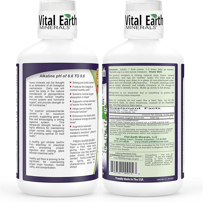 Vital Earth Minerals Super Strength Humic Minerals 2-Pack – Fulvic Acid Supplement with 70+ Trace Minerals Electrolytes for Detox &amp Digestion 32 Oz Ea + 1 Oz Cup