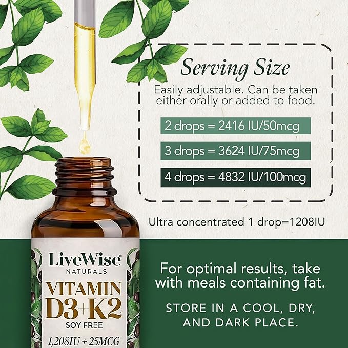 Live Wise Naturals Vitamin D3 K2 Drops for Adults - 930 Drops Ultra Concentrated Formulation Fast Absorption 1208 IU Vitamin D3 25 MCG (MK-7) - Micro-Dosing Dropper for Calcium &amp Bone Support