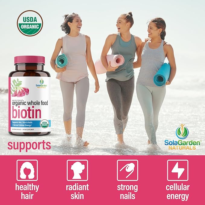 USDA Organic Whole Food Biotin Supplement Made with Plant-Based Biotin from Sesbania Agati Trees by SolaGarden Naturals 60 Non-GMO Vegan Capsules Supports Hair Skin and Nails Made in USA