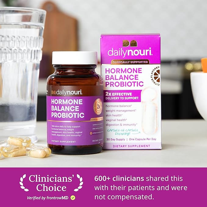 Daily Nouri Hormone Balance Probiotics for Women | Hormone Balance for Women | PMS Hormonal Acne &amp Bloating Support | 7 Clinically Studied Strains + Omega | 30-Day Supply