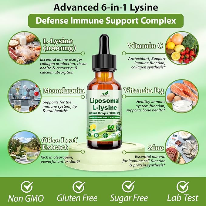 L-Lysine 1000mg Liquid Drops w. Monolaurin Olive Leaf Extract Vitamin C D3 &amp Zinc 6-in-1 Essential Amino Acid Supplement for Immune Collagen Lip &amp Oral Health Liposomal Lysine for Better Abs