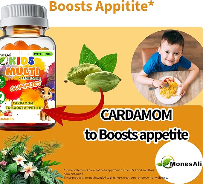 Kids Multivitamin Gummies with Iron &amp Probiotics - Vegan Gelatin-Free Halal Orange &amp Strawberry Flavors 90 Count