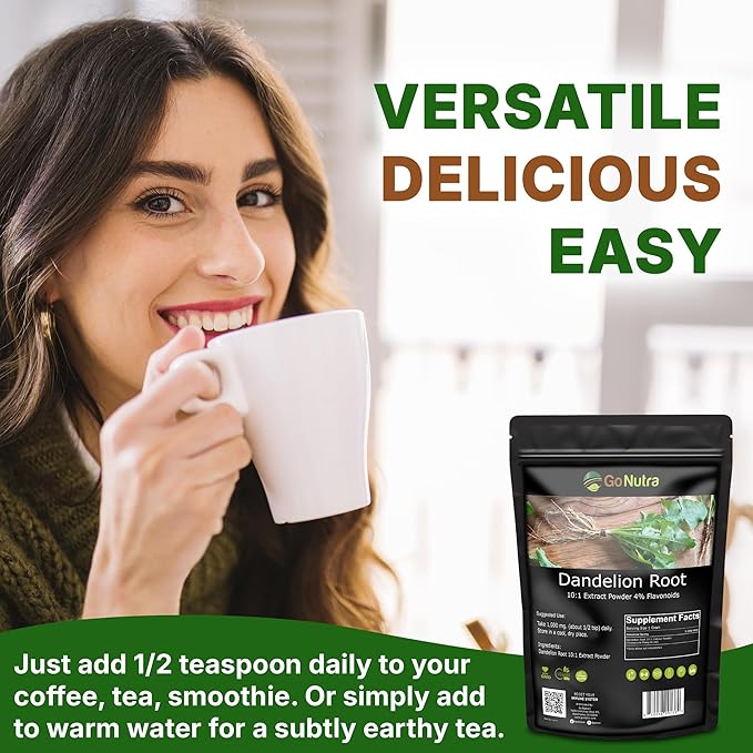 Go Nutra Dandelion Root Powder for Tea Coffee &amp Beverages | Concentrated 10:1 Dandelion Root Extract Powder Caffeine Free | No Added Ingredients | Non-GMO Vegan | 16 oz (1 lb)