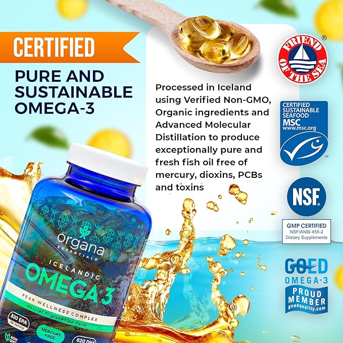 Omega 3 Fish Oil 2000 mg - High EPA 820 mg + DHA 620 mg - 180 Triple Strength Burpless Lemon Flavored Softgels