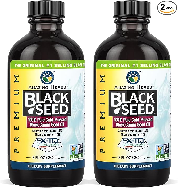 Amazing Herbs Premium Black Seed Oil - Gluten Free Non GMO Cold Pressed Nigella Sativa Aids in Digestive Health Immune Support Brain Function - 8 Fl Oz (Pack of 2)