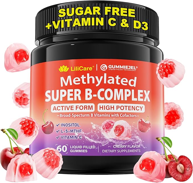 Methylated B Complex Vitamins Gummies 12-in-1 Formula + Methyl B12 1000 mcg 5-MTHF Methylfolate Inositol Choline Vitamin C D3 Multivitamin B Complex for Women &amp Men Energy Focus 60cts