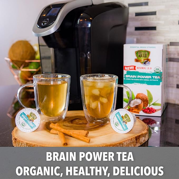 SOLLO Brain Power Organic Green Tea Pods with MCT Acai &amp Essential nutrition Nootropic Brain Booster- Improves Memory &amp Focus Compatible with 2.0 K-Cup Keurig Brewers 24 Ct