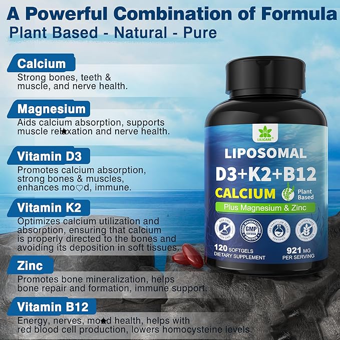 6-in-1 Plant Based Calcium Supplements for Women Men- Calcium 600mg w/ D3 K2 5000 IU Vitamin Liposomal &amp Algae Ca-lcium Magnesium Zinc + Vegan Vitamin D 5000 IU + K2 MK7 + Methyl B12 for Bone 1