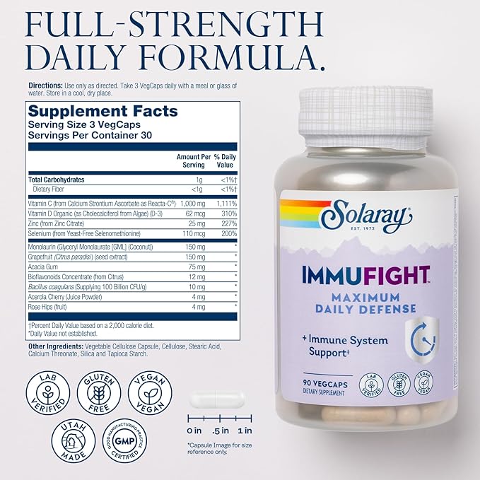 SOLARAY Immufight Maximum Daily Defense All Day Immune Support Vitamin C Vitamin D Zinc Probiotics Monolaurin Acerola &amp More Vegan &amp Gluten Free 60 Day Guarantee 30 Servings 90 VegC
