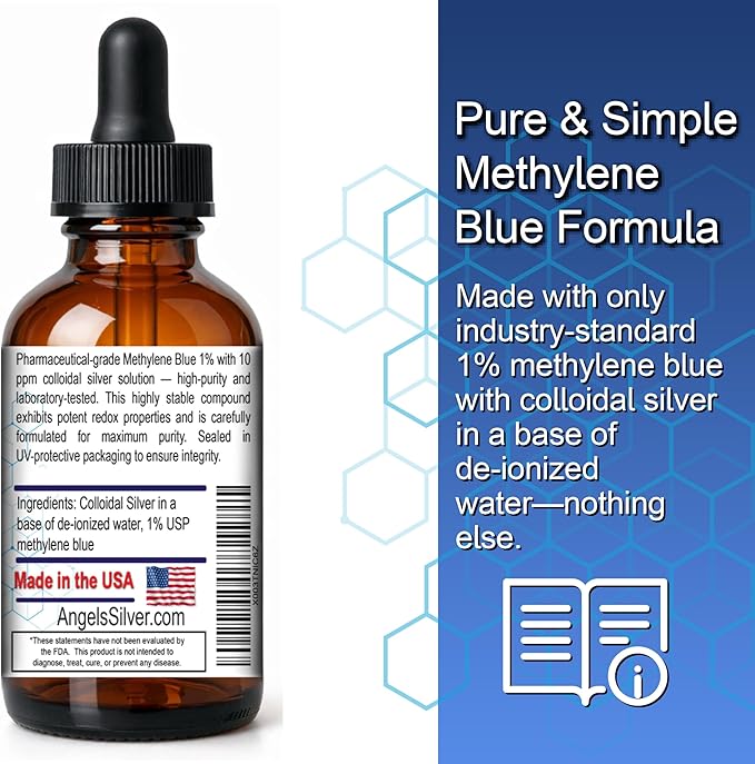 New Methylene Blue 1% Wtih Colloidal Silver Angels Lab |USP-Grade Methylthioninium Chloride Liquid | High Purity Dietary Supplement for Brain Function &amp Cognitive Health |4 oz Glass Dropper Bottle