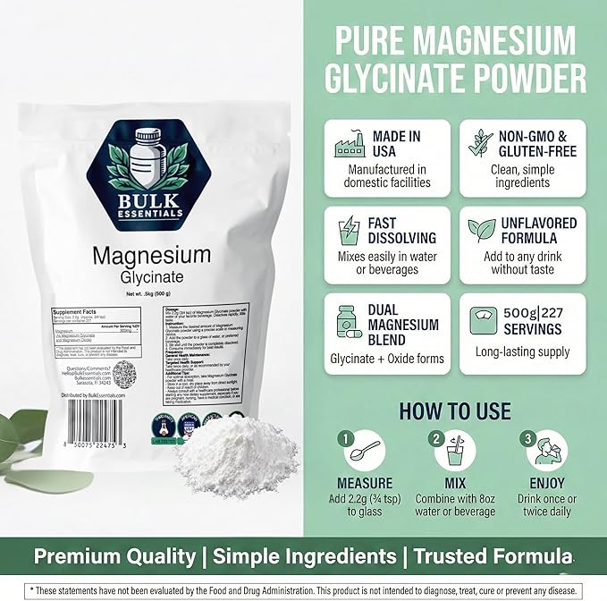 Pure Magnesium Glycinate Powder Supplement – Unflavored 500g Magnesium Powder for Relaxation Sleep &amp Muscle Support – USA Made - Non-GMO &amp Gluten-Free – 2.2g Per Serving