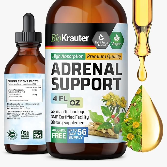 BIO KRAUTER® 2-in-1 Adrenal Support Supplements with Ashwagandha &amp Rhodiola Rosea for Relax &amp Mood Support - Natural Adrenal Complex for Men &amp Wonen - 4 Fl.Oz. 56-Day Supply Alcohol &amp