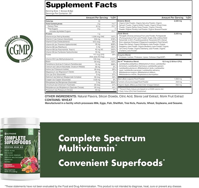 Complete Superfoods Greens &amp Reds Blend* Apple Cider Vinegar Digestive Enzyme Blend* Probiotic Blend* Multivitamin* (Raspberry Pomegranate - 30 Servings)