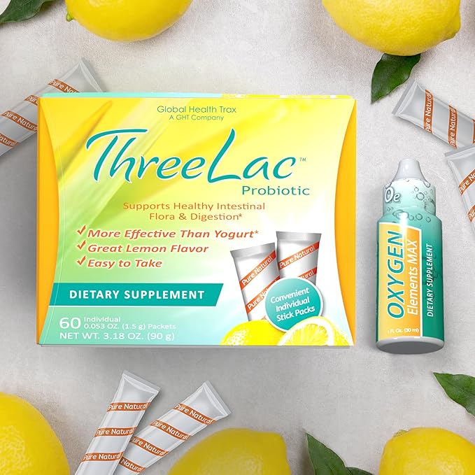 Global Health Trax Ultimate Gut &amp Oxygen Duo: ThreeLac Lemon Probiotic Powder (60 Packets) &amp Oxygen Elements Max Drops (1oz) - Digestive Support &amp Cellular Vitality