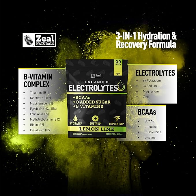 Enhanced Electrolyte Powder Stick Packs (Lemon Lime | 20 Packets) w/ 0 Sugar +BCAAs +B-Vitamins Electrolyte Supplement w Potassium Zinc &amp Magnesium for Hydration - Keto Electrolytes