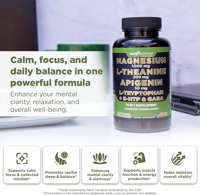 Gade Nutrition Magnesium Glycinate &amp Magneisum Supplements with Apigenin L Theanine 200 mg 5 HTP GABA Calm Brain Booster Supplement Sleep Aid Ashwagandha L Tryptophan Chamomile