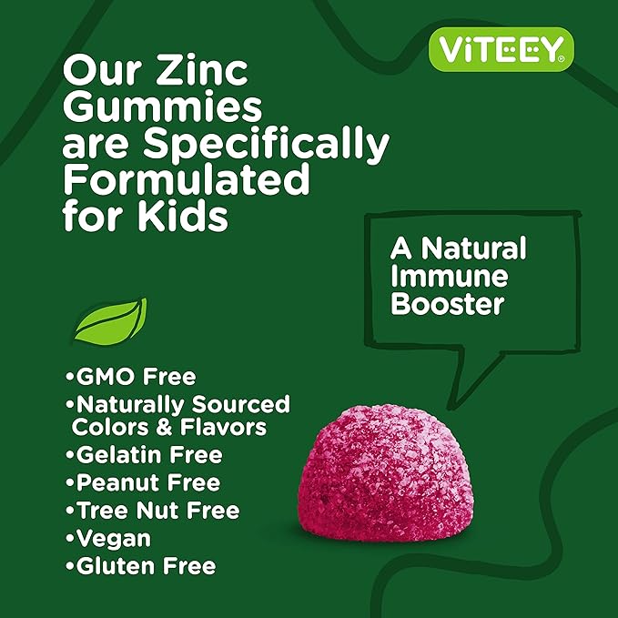 Viteey Zinc for Kids Gummies 25mg - Immune Support for Kids &amp Teens - Powerful Natural Antioxidant Kids Zinc Vitamin Supplement - Vegan Gelatin Free Gluten Free - Tasty Chewable Berry Flavor G