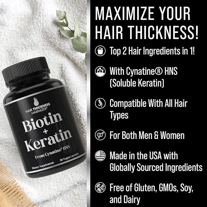 Clinically Proven Keratin + Biotin Hair Growth Supplement. with Cynatine HNS Keratin Clinically Studied for Thicker Healthier Hair. for Women and Men. Enhanced with Biotin 10000mcg for Max Results