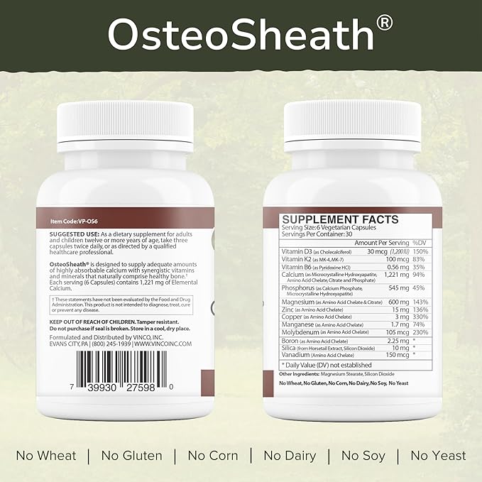 Vinco Inc - OsteoSheath® Enhanced Bone Support &amp Dietary Daily Supplement | (180 Capsules) | Supports Healthy Bone Density | Calcium Vitamins K2/B6/D3 &amp Minerals | Gluten Free