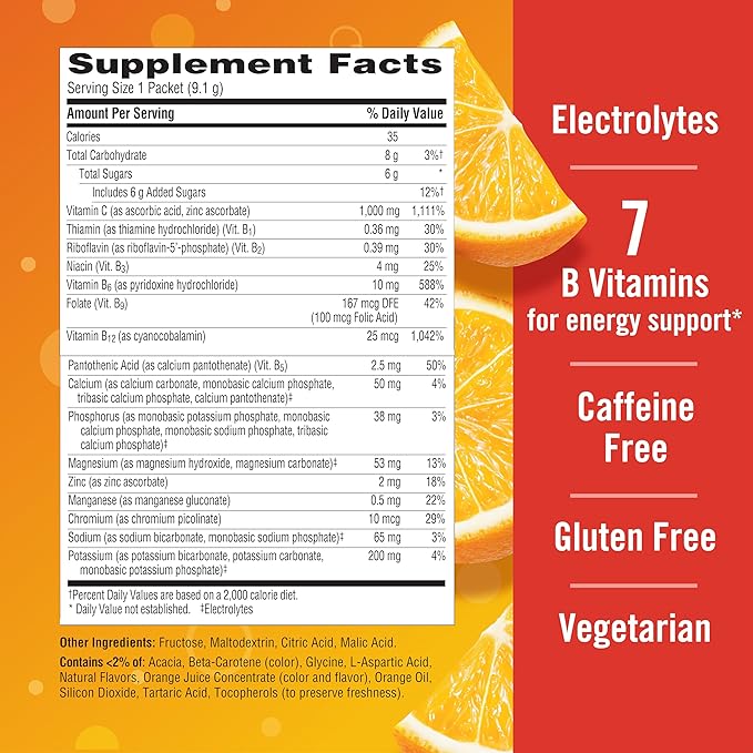 Emergen-C 1000mg Vitamin C Powder for Daily Immune Support Caffeine Free Vitamin C Supplements with Zinc and Manganese B Vitamins and Electrolytes Super Orange Flavor - 60 Count/2 Month Supply