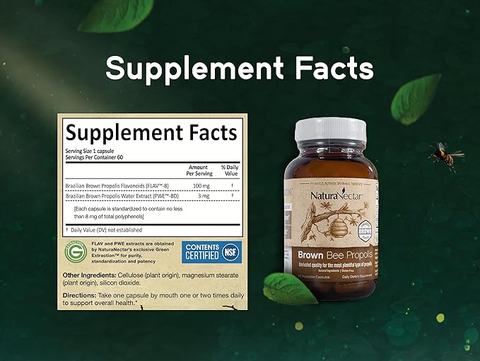 NaturaNectar - Brown Bee Propolis - NSF Contents Certified - Premium Brazilian Propolis - Gluten-Free Supplement with Flavonoids FLAV-B and PWE - Naturally Sourced Through Ethical Beekeeping (60pcs.)