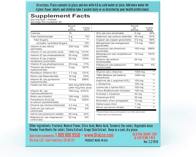 Ola Loa Energy Tropical Multi Vitamin Drink Mix - Amino Energy Powder Gluten Free Detox Dairy Free Caffeine Free - Drink Your Vitamins for the Rigors of Daily Life - 30 Packets (8.25oz)