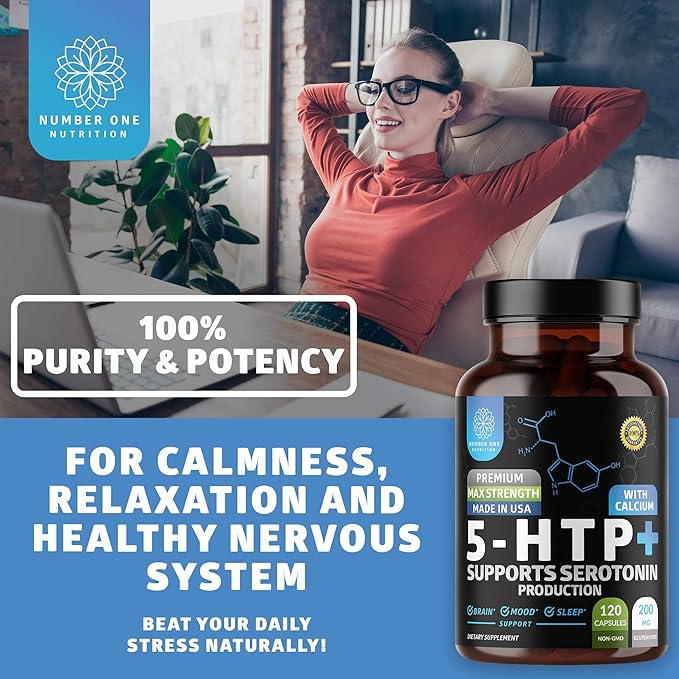 N1N Premium 5-HTP 200mg Plus Calcium Made from Griffonia Seed Extract Non GMO and Gluten Free 120 Caps
