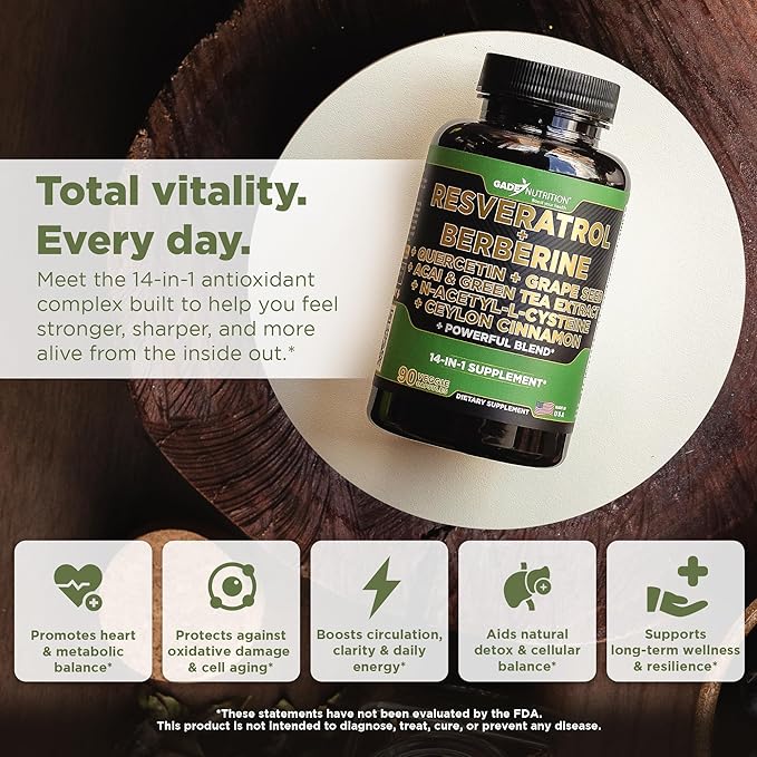 Gade Nutrition Resveratrol Berberine Quercetin Grape Seed Extract Green Tea Extract N-Acetyl Cysteine - 14 in 1 Complex Supplement for Women &amp Men with Potent Antioxidants - Made in USA